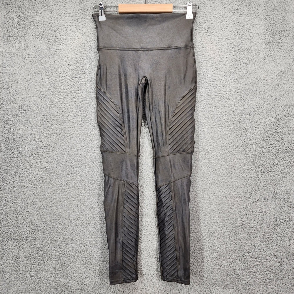 Spanx Faux Leather Moto Leggings Metallic Gunmetal Grey High Waist Womens Medium